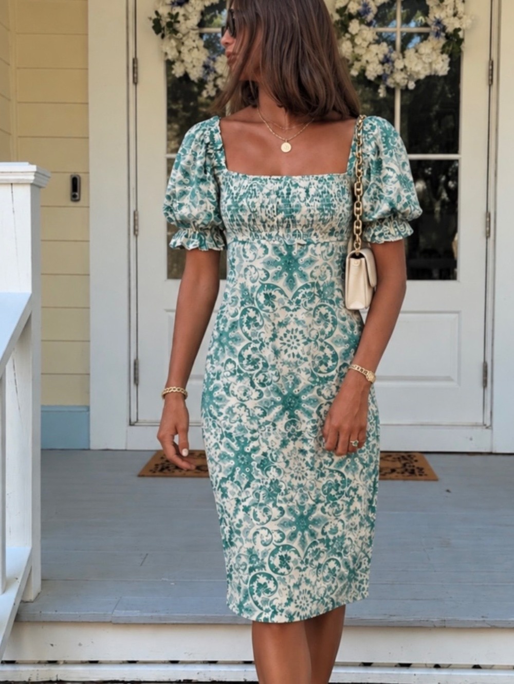 Anthropologie Green Paisley Puff Sleeve Midi Dress Open Back Size Large